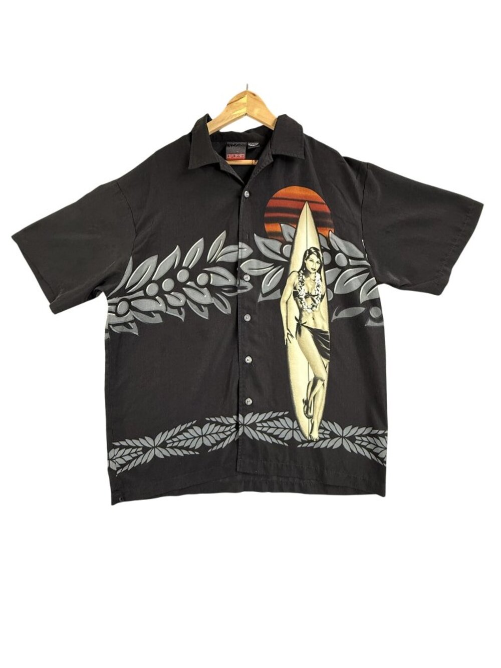 C-TWO Shirt Men XL Black Surfer Girl Hawaiian Button Up Short Sleeve Surf Exotic